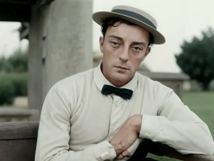 <lora:Buster Keaton-1.0e_fro0.9:1.0> buster keaton, colorized photo, sitting on a bench, sharp, realistic, 4k, film grain, bokeh