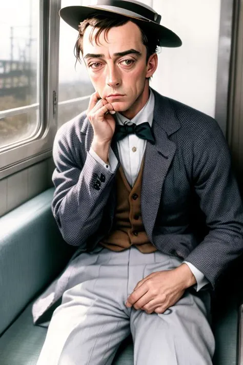 <lora:envybetterhandsLocon_alpha3:1>, <lora:Buster Keaton-3.0a:1>, BUSTER KEATON, HAT, a man on a train, colorized photo