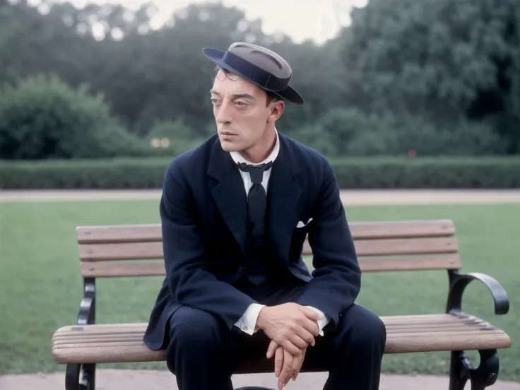 <lora:Buster Keaton-1.0b_fro0.9:1.0> buster keaton, colorized photo, sitting on a bench, sharp, realistic, 4k, film grain, bokeh