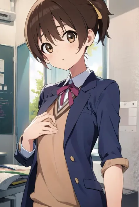 konuihirasawa, <lyco:uihirasawa-LYCORIStest:1>,
ui hirasawa, (brown eyes:1.5), brown hair, ponytail, short hair, (flat chest:1.2),
BREAK sakuragaoka high school uniform, school uniform,
BREAK looking at viewer,
BREAK indoors, classroom,
BREAK <lora:GoodHan...