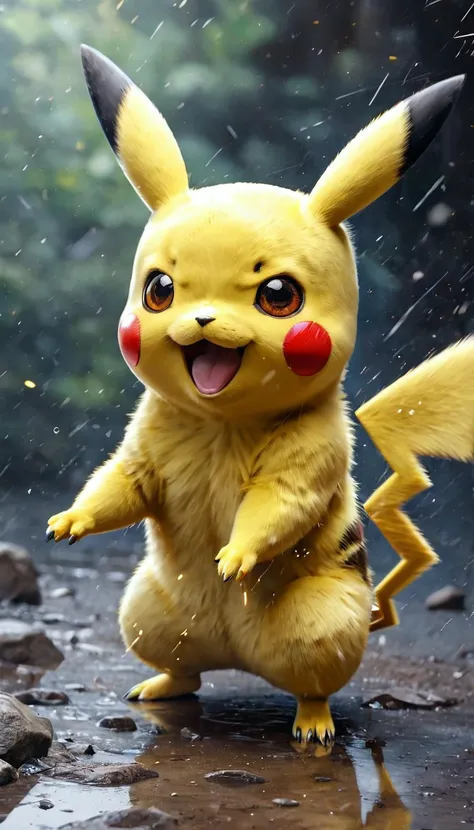 pokemon pikachu is standing in the rain with his hands on his hips