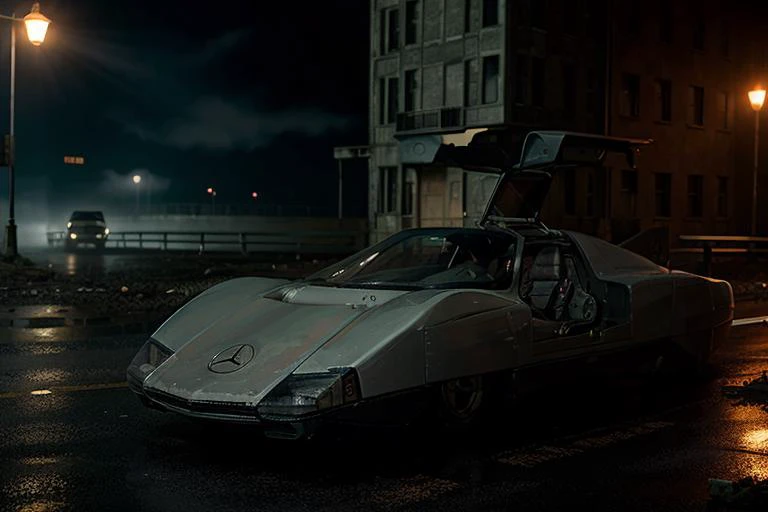 analog gloomy photo of a Mercedes Benz C-111 III car,  <lora:m8c111iii:1>, (zombie apocalypse:1.2), (living dead), ((winter)), ((snow)), (horror movie), ((nighttime)), racing through a decayed dilapidated new york city at night, ruins, abandoned buildings,...