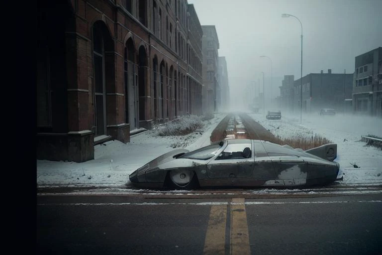 analog gloomy photo of a Mercedes Benz C-111 III car,  <lora:m8c111iii:1>, (zombie apocalypse:1.2), (living dead), ((winter)), ((snow)), (horror movie), ((nighttime)), racing through a decayed dilapidated new york city at night, ruins, abandoned buildings,...