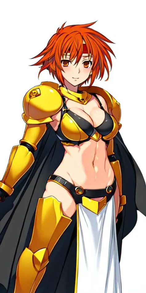 <lora:rancex_cg_V2:0.7>,(Leila Grecni),Orange headband,midriff,navel,Golden lady armor,white cape,
full_shot,