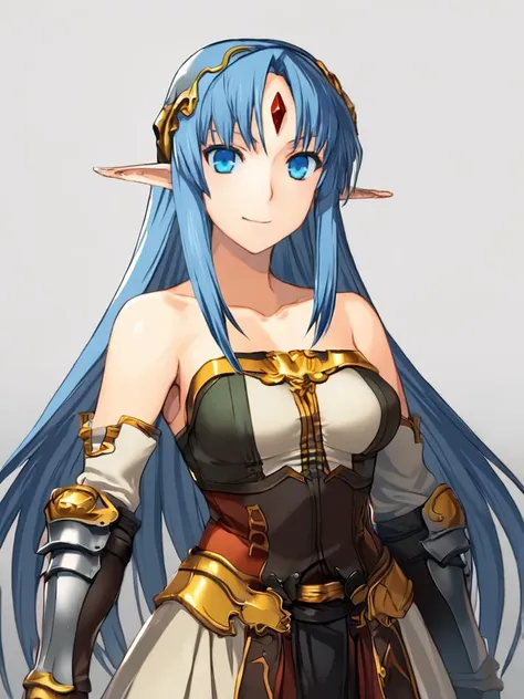 a woman with blue hair and blue eyes wearing armor