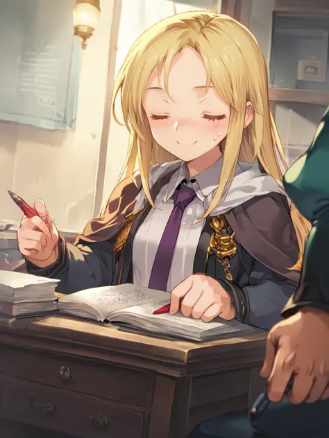 anime girl sitting at a desk writing in a book