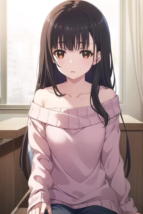 yumeirido, <lora:yume irido s1-lora-nochekaiser:1>,
yume irido, long hair, bangs, (black hair:1.5), hair ornament, (brown eyes:1.5), hairclip,
BREAK collarbone, off shoulder, sweater, off-shoulder sweater, pink sweater,
BREAK indoors, classroom,
BREAK look...