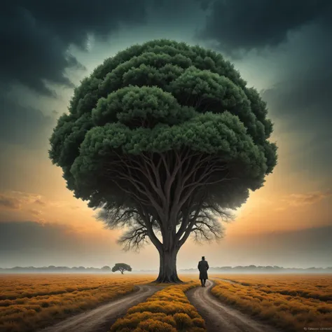 a man walking down a dirt road past a large tree