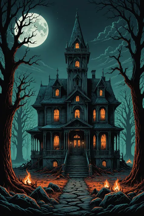 a dark house with a full moon in the background