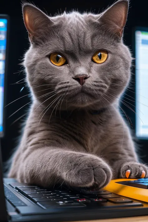 araffe cat sitting on a laptop with a yellow keyboard