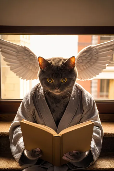 arafed cat in robe reading a book with wings on it