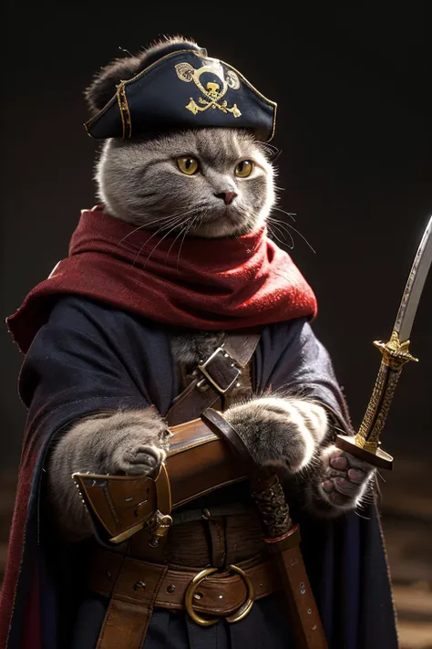 arafed cat dressed in pirate costume holding a sword and a sword