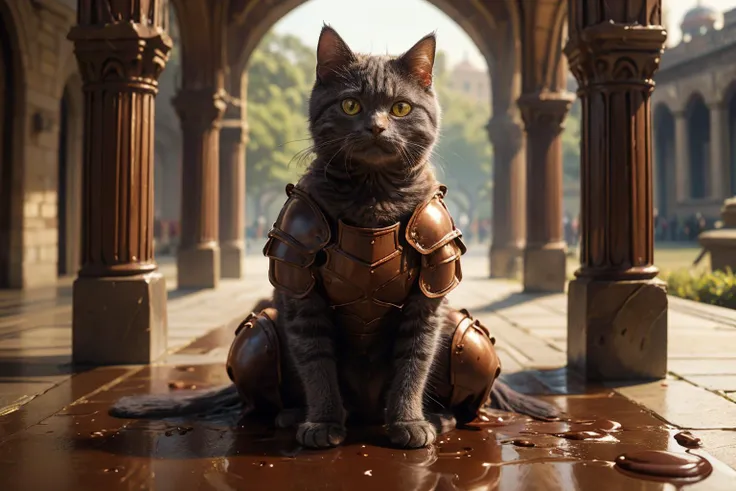 a close up of a cat wearing a leather vest sitting on a floor