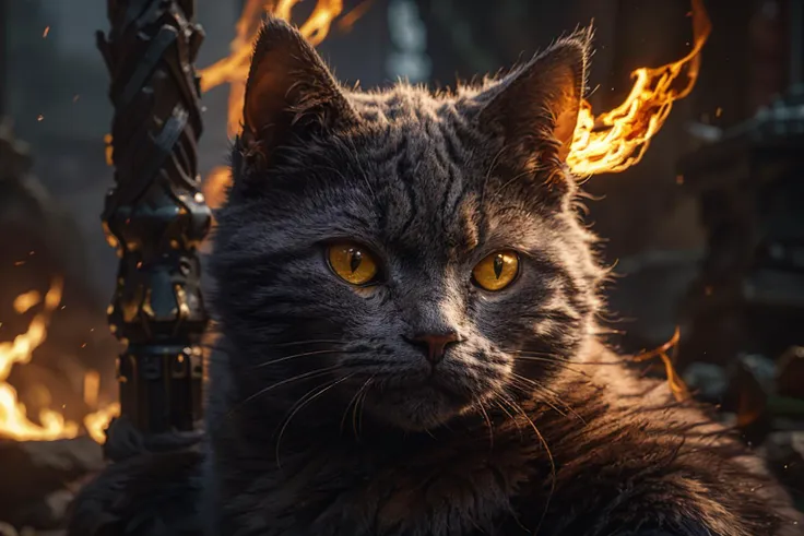 a close up of a cat laying on a chair with fire in the background