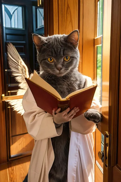 arafed cat in a robe reading a book in a doorway