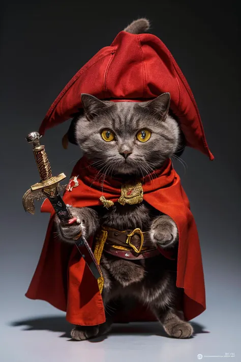 highres, 8k, absurdres, realistic, Chartreux,  (cat_human:1.3), cat, no humans, animal, weapon, animal focus, holding, standing, (sword:1.3), looking at viewer, pirate, pirate_hat, pirate costume, blurry, blurry background, cloak, cape, staff, 
<lora:Chart...