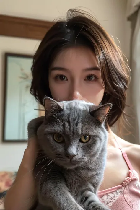 highres, 8k, absurdres, realistic, (Chartreux:1.3), 1girl, holding, (holding cat:1.4),  (close up), (cn_girl:1.3),  cleavage, (laced trimmed bra), lingerie, cat, animal, realistic, holding animal, jewelry, hair ornament, blurry, looking at viewer, brown ha...