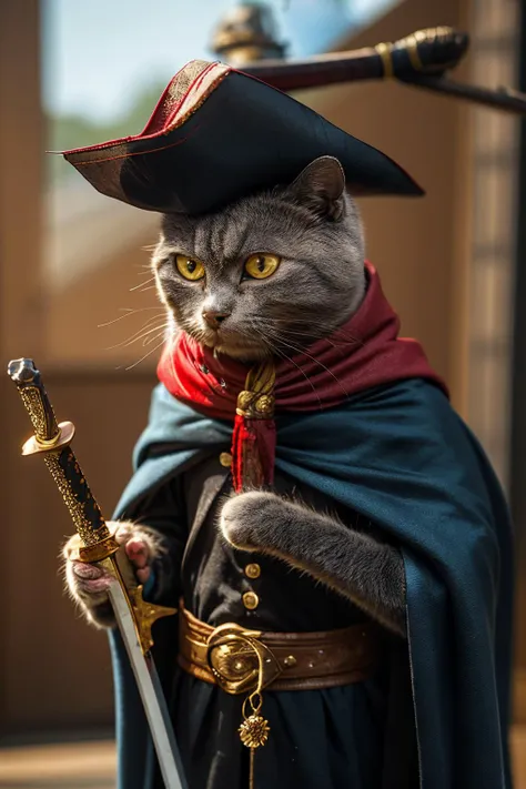 arafed cat dressed as a pirate with a sword and hat