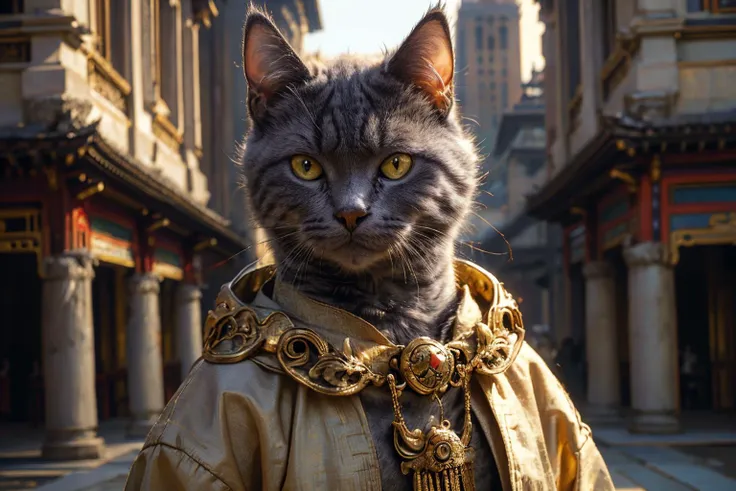 there is a cat that is wearing a gold outfit and a chain