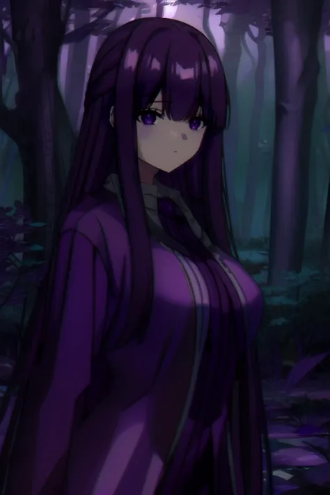 a woman in a purple dress standing in a forest