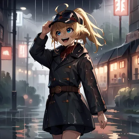 anime girl in a raincoat walking down a street in the rain