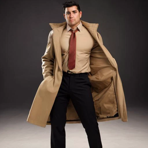 arafed man in a trench coat and tie posing for a picture