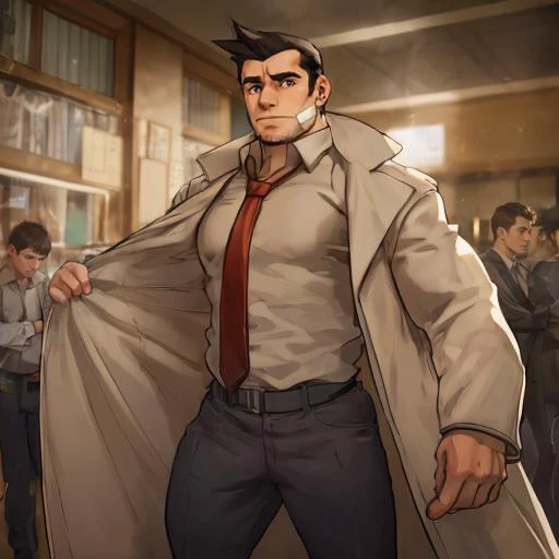 <lora:dick_gumshoe:1> dick_gumshoe, yellow coat, beige shirt, black pants, red necktie, bandaid, bandaid on cheek, bandaid on fa...