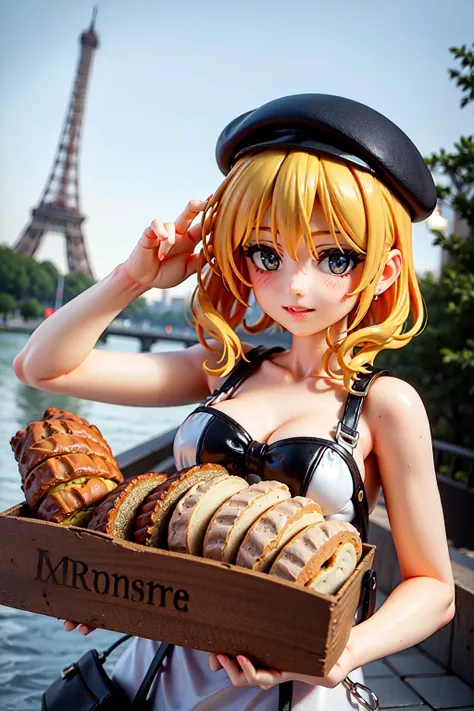 anime girl holding a box of donuts in front of the eiffel tower