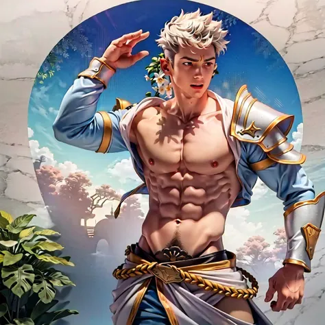 masterpiece, best quality, ultra high res, highly detailed, male, muscle, ((navel hair)), fantasy, armor, shirtless, open clothes,  (botanical garden)  <lora:thoma:0.1> <lora:Silverjow_LoRA_network_20epoch_x768_SDv15_v2-012225:0.5> <lora:v3-3-256-cont:0.2>...