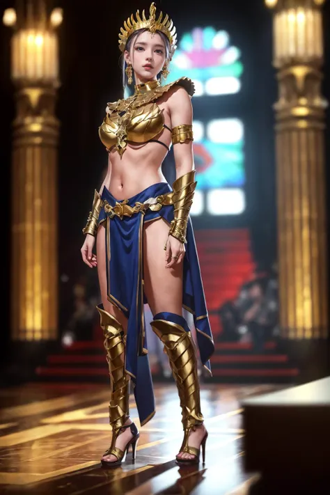 a woman in a costume and gold armor standing on a stage