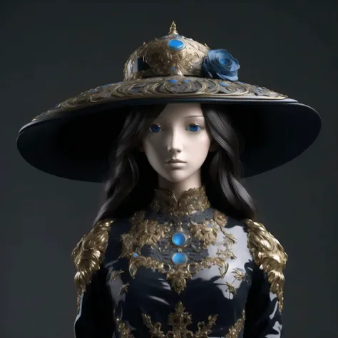 <lora:porcelain_gzhel_black:1.0>, (black  porcelain, Gzhel, rococo:1.0),  

 hat, long hair, solo