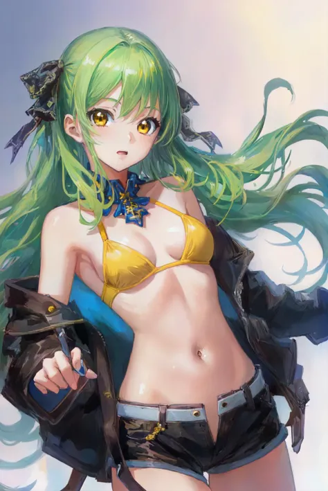 (masterpiece, high quality, detailed, anime:1.4), 1girl, solo, very long hair, lime green hair, hair ribbon, brown eyes, navel, yellow bikini, <lora:B_huge_breasts_woman:-0.3> woman,  <lora:O_micro_shorts:0.8> micro shorts, leather shorts,  <lora:A_add_det...