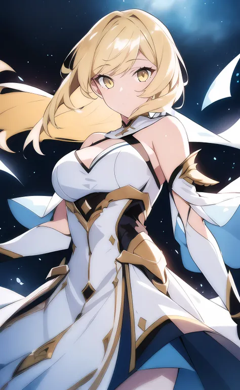 1girl, dynamic pose, Lumine, blonde hair, yellow eyes, white dress, detached sleeves, bare shoulders, fantasy, night, night sky, cinematic lighting <lora:Lumine wangy v3:0.6>