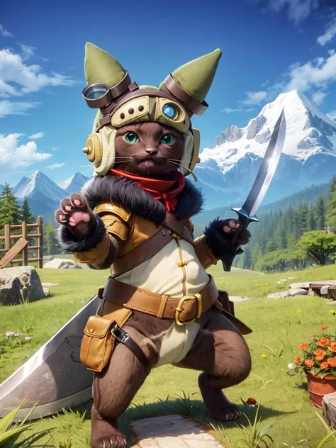 non-human, highres, detailed, soft lighting, palico (monster hunter), furry, cat ears, paw pose, green eyes, (black fur:1.2), mountains, (armor:1.2),  grass, trees, goggles, goggles on head, whiskers, sword, <lora:PalicoMonsterHunter0:0.7>