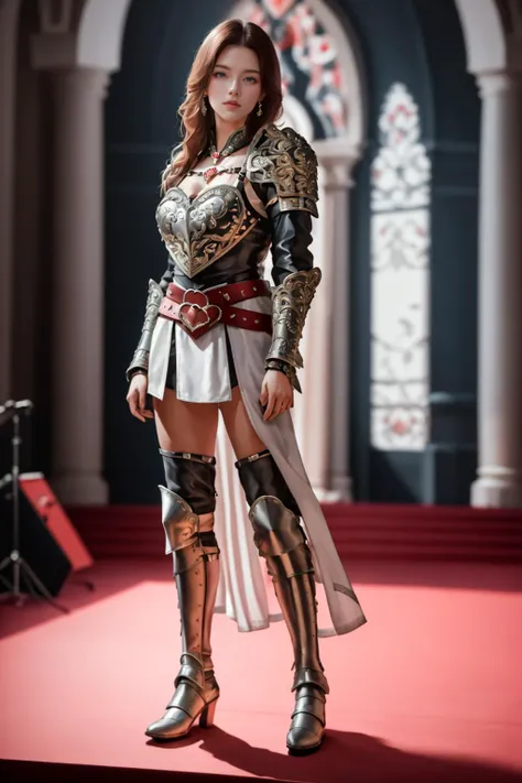 highres,absurdres,masterpiece,best quality,original,extremely detailed CG,extremely detailed wallpaper,perfect lighting,standing on the stage,looking at viewer,1girl,blurry background,bare hands,<lora:ValentinesArmor:0.7>, h34rt,heart,ornate breastplate,pa...