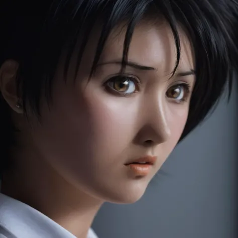 cinematic film still of  <lora:Yukiko Minase:1> Yukiko Minase
 <lora:Chiaroscuro Lighting Style:0.6>
dramatic, cinematic, shadow, partially covered in shadow, a woman with a very big eye and a white shirt Chiaroscuro Lighting Style, 1girl, solo, short hair...