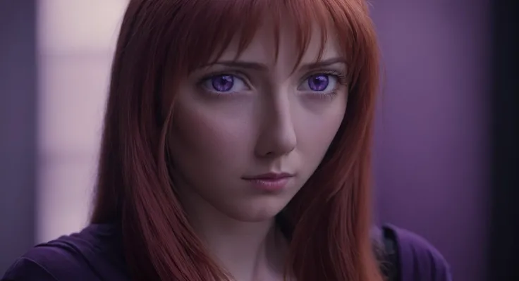 cinematic film still of 
Hiroko Takashiro a realistic cinematic portrait of a pretty looking red hair purple eyes woman staring at camera <lora:Hiroko Takashiro:1>, shallow depth of field, vignette, highly detailed, high budget, bokeh, cinemascope, moody, ...