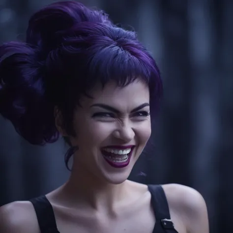 cinematic film still of  <lora:Nami kozono:0.9>
Nami kozono a cinematic realistic photo of a sinister woman with an evil laugh smile and dark purple hair, shallow depth of field, vignette, highly detailed, high budget, bokeh, cinemascope, moody, epic, gorg...