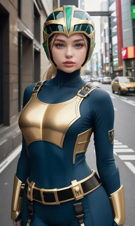 a woman in a blue and gold costume standing on a city street