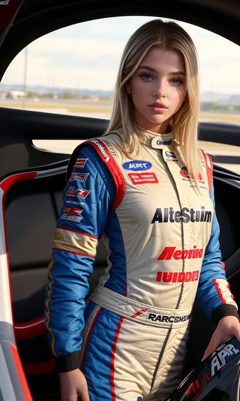 allabentley2023, 1girl, 8k, uhd, trending on arstation, award winning art, best quality, masterpiece, photorealistic, raw image, perspective, depth of field, driving nascar, racing suit, inside racecar