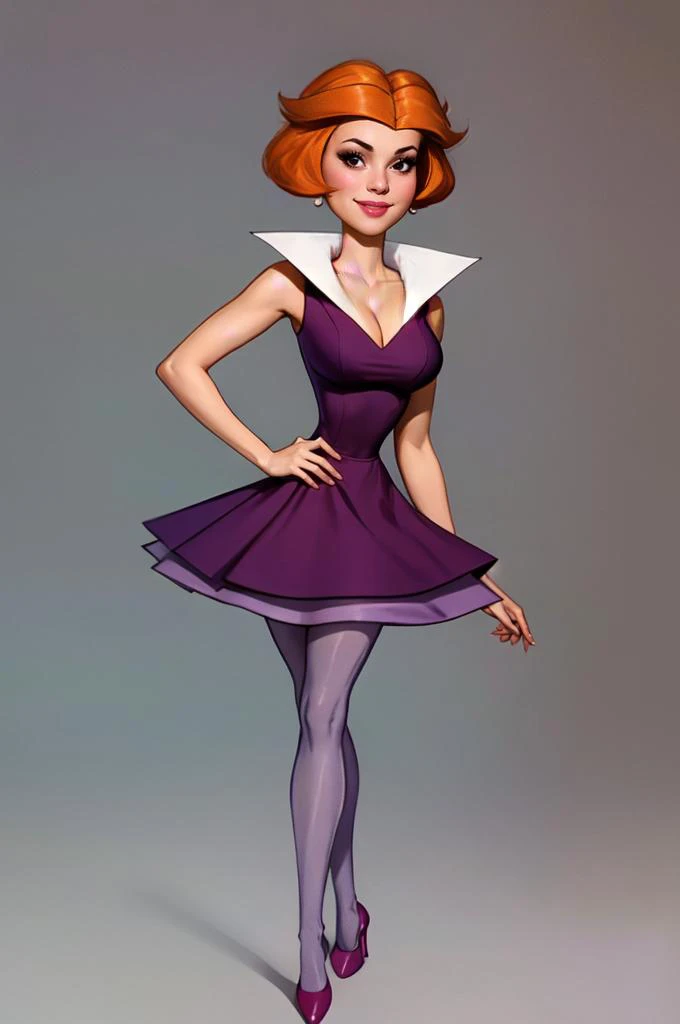 <lora:JaneJetson:1>,jane,1girl,solo,orange hair,makeup,sleeveless,skimpy purple dress,breasts,deep revealing cleavage,breasts,midriff,navel,sexy dress,pantyhose,highheels,flirty smile,looking at viewer,simple background,(photorealistic:1.2),