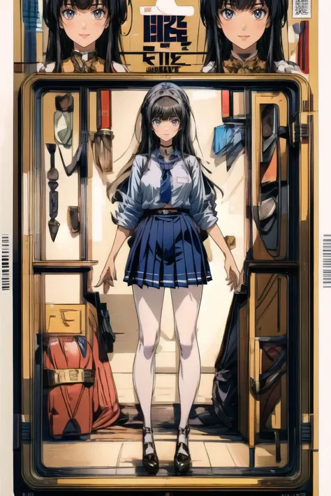 a picture of a girl in a school uniform standing in front of a door