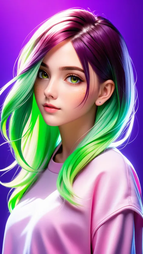 (masterpiece, best quality, ultra realistic, 32k, RAW photo, detail skin, 8k uhd, high quality, film grain:1.5), long hair, light green hair hair:1.1, portrait, lady,  brown eyes, Peach Emo clothing, freckles, (electric purple gradient background, led ligh...