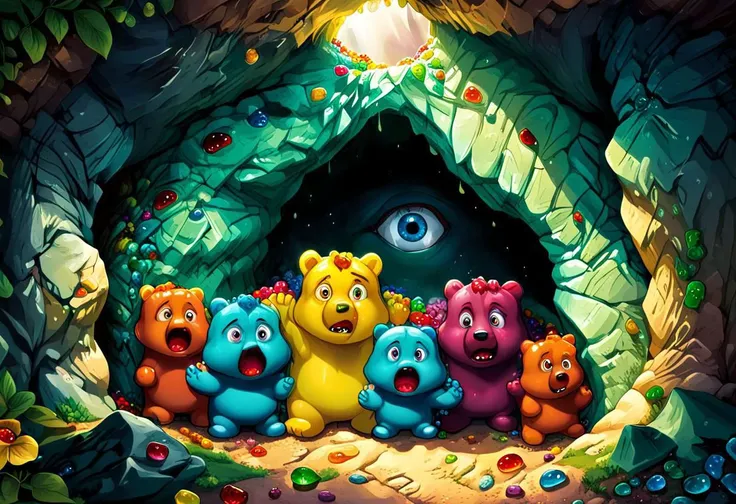 A digital illustration of a family of Gummy bears hiding in a cave, cowering in fear. The entrance to cave is covered by a massive human eye, perfecteyes