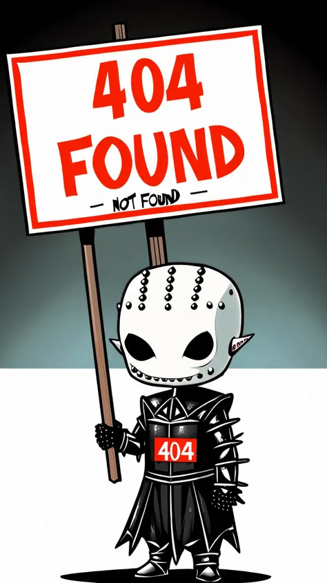 chibi style pinhead from hellraiser is holding a sign that reads (404 page not found":1.9) text written in blood