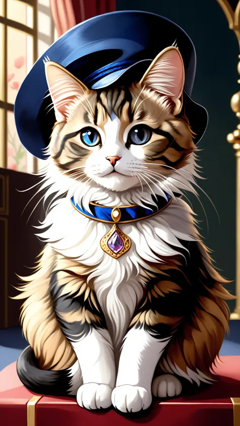 (((masterpiece))), (((best quality))), ((highly detailed)), (8k portrait of a cute small cat with hat), (royal pose), (noble cat), (digital art)