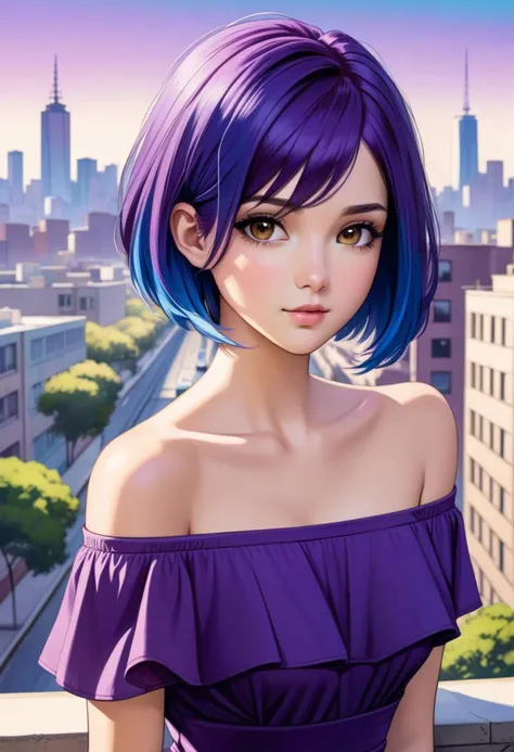 short hair, Electric blue hair:1.1, portrait, lady, brown eyes, deep purple Off-the-shoulder top/dress, urban city background, pastel, ultra detailed background