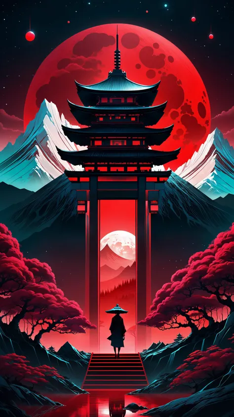 Scif vibes, Otherworldly, Cinematic, Ominous mountain, digital art, inspired by Cyril Rolando, digital art, blood red moon, forest, Japanese temple, beeple and jeremiah ketner, symmetrical digital illustration, realism | beeple, over detailed art, music al...