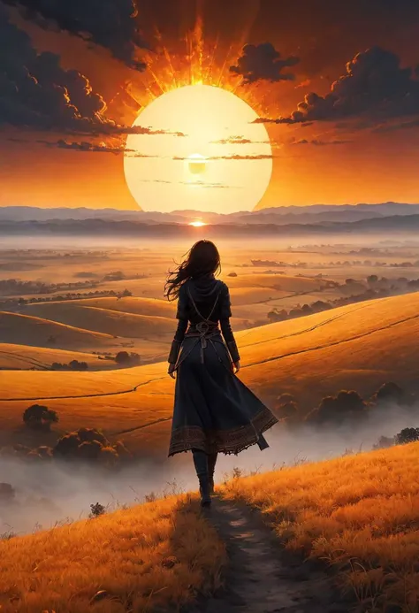 high quality, masterpiece, extreme detail, highly detailed landscape, best quality, 
gigantic sun on fire surrounded by circular clouds, dawn, the last (sunrise:1.2) illuminating a shaded valley, plains, field, black, white, golden, black fog, focus on sky...