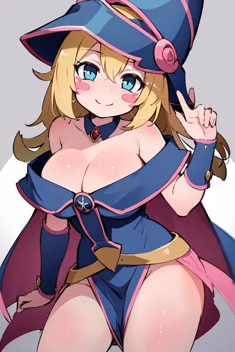 <lora:miyazero_style:0.6>,((masterpiece,best quality)), absurdres, <lora:dark_magician_girl_v1:0.7>, hmdmg1, wizard hat, blush, blush stickers, cleavage, bare shoulders, dress, off shoulder, solo, smiling, looking at viewer, cowboy shot, cinematic composit...